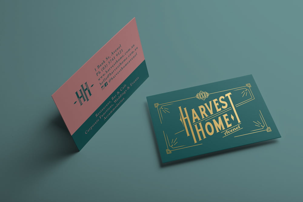 Harvest Home, Avenel gold foiled business card design and print by nuvismedia graphic design, Melbourne
